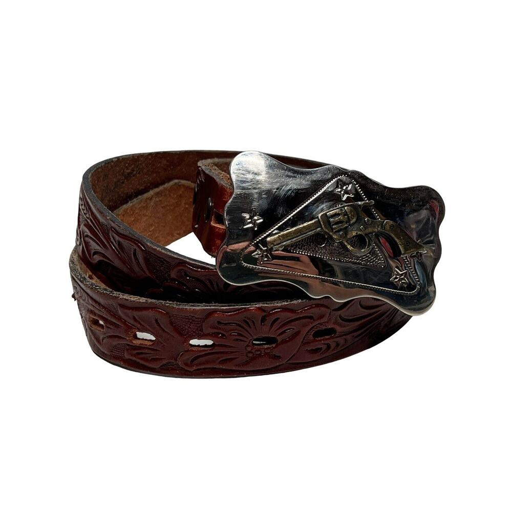 Vtg Chambers Hand Finished Tooled Distressed Leather Western Belt w/ Buckle 28